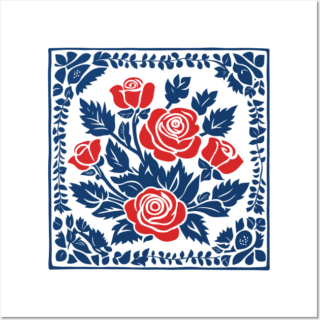 Blue and white roses scandinavian folk art style Wall Art by craftydesigns